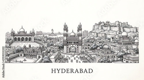 Detailed black and white illustration of historic Hyderabad city showcasing iconic landmarks and architectural elements