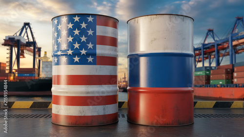 US and Russian Flag Painted Oil Barrels in a Busy Shipping Port at Sunset Keywords: oil barrels, usa flag, russia flag, shipping port, cargo, containers, cranes