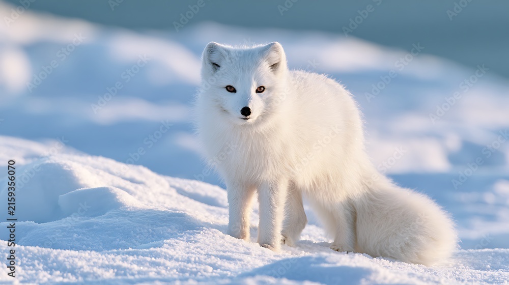 Obraz premium A beautiful arctic fox standing on the snowy tundra in winter.