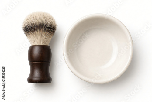 Clean photorealistic studio image of shaving brush and bowl, fully isolated on a pure white background with crisp edges and a subtle natural shadow.