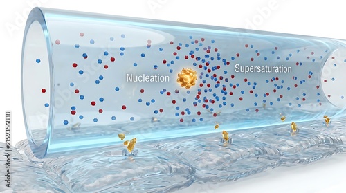 Supersaturation and crystal formation in tubular lumen medical concept with formation