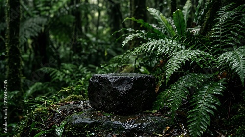 Minimalist 3D raw dark basalt rock podium with dark green fern