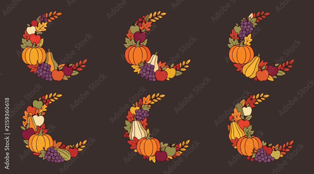 Obraz premium Autumn harvest crescent moon frames with seasonal vegetables and fall fruits
