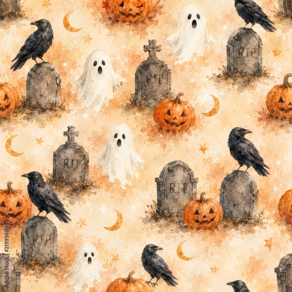 Naklejka premium Watercolor halloween seamless pattern with ravens, ghosts, pumpkins, gravestones, crescent moons, stars. spooky halloween background, autumn party decoration, holiday textile design