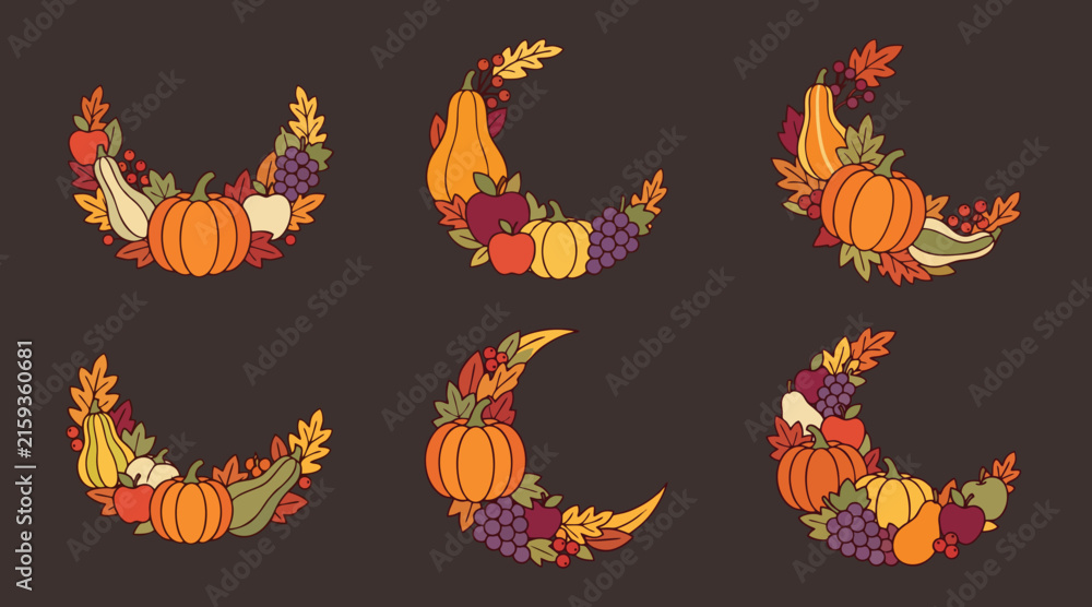 Fototapeta premium Autumn harvest crescent moon arrangements featuring assorted pumpkins gourds and seasonal fruits