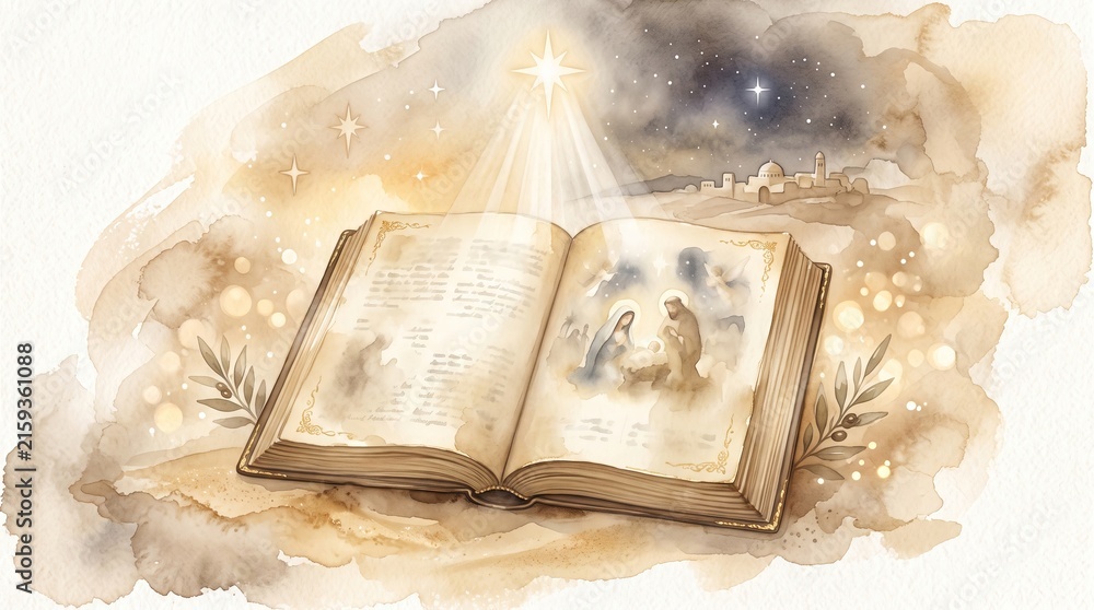 Fototapeta premium Open Bible with nativity scene beneath a radiant star and Bethlehem skyline. Christmas watercolor illustration symbolizing faith, scripture, prophecy and the birth of Jesus