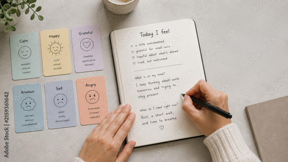 Obraz premium Woman journaling about emotions and mental health beside feeling cards. Self reflection, mindfulness, gratitude, anxiety management, and emotional wellness concept