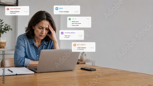 Stressed woman overwhelmed by digital work notifications while using laptop at home. Mental health, workload pressure, productivity and work life balance concept with copy space