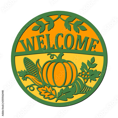 Welcome pumpkin door hanger with autumn harvest foliage and decorative layered design, seasonal home entrance decoration, flat vector illustration for greeting card and sign