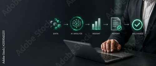 Hands typing on a laptop surrounded by agentic AI workflow icons, workflow orchestration, AI efficiency, automated decision making for corporate presentation