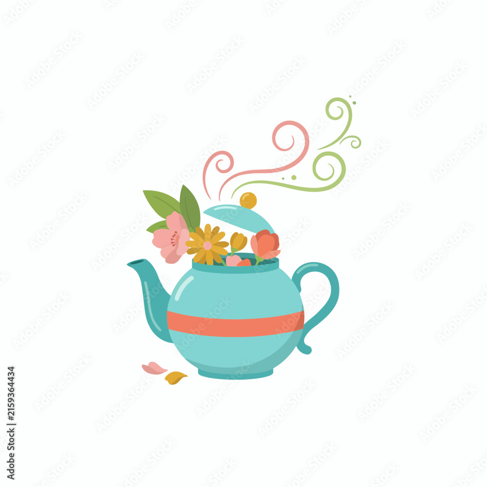 Fototapeta premium Teapot opening to reveal blooming flowers and swirling herbal steam illustrates natural organic tea infusions.