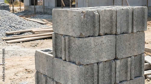 Flame-cinderblocks stacked at a construction site with rough concrete textures showcasing heavy building materials ready for industrial masonry projects