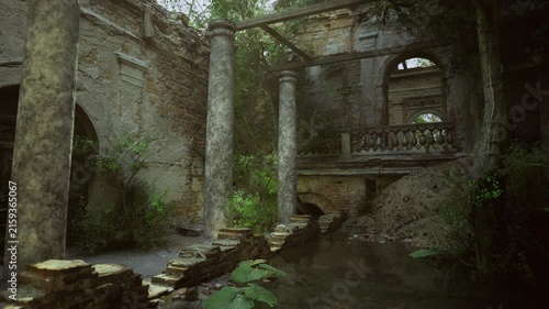 Mossy column bridge above still water with stepped walkway and dense greenery, calm reflection of ruined arches, muted green palette conveys quiet abandonment