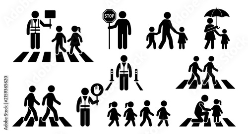 Set of black stick figure icons showing children crossing the street with crossing guards and safety signs