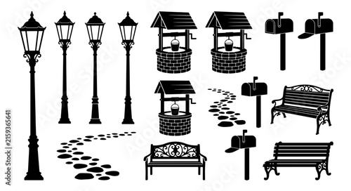 Set of black silhouettes featuring garden elements like street lamps benches wells and mailboxes in vector style