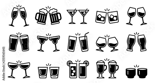 Set of black and white drink glass icons showing various alcoholic beverages and toasting cheers gestures