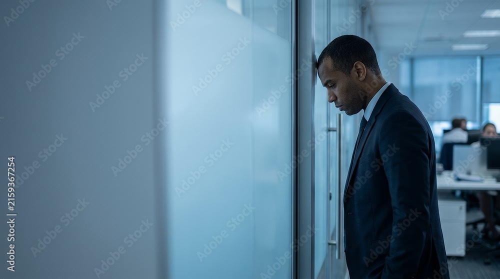 Fototapeta premium Stressed businessman leaning his head against a glass wall in a modern office environment.