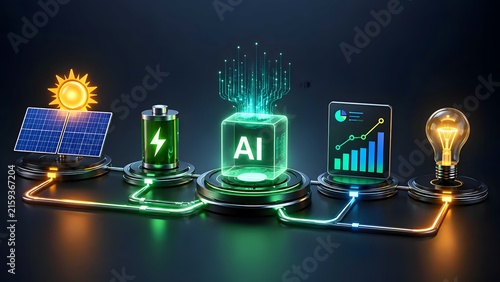 Artificial intelligence microchip connecting solar panel green battery financial chart and lightbulb representing smart energy management and predictive analytics technology