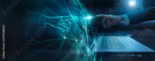 Abstract, Big data network and AI technology, Deep learning and algorithm, Using artificial intelligence technology or AI comes into use in business, The world at your fingertips.