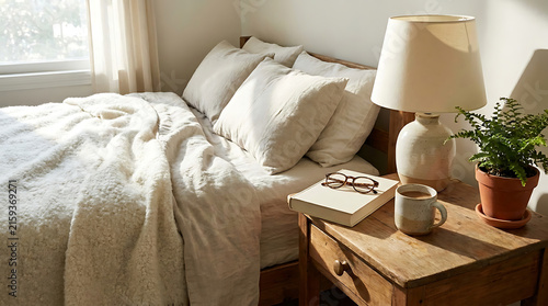 Cozy Bedroom with White Bedding, Wooden Nightstand & Potted Plant for Relaxing Atmosphere
