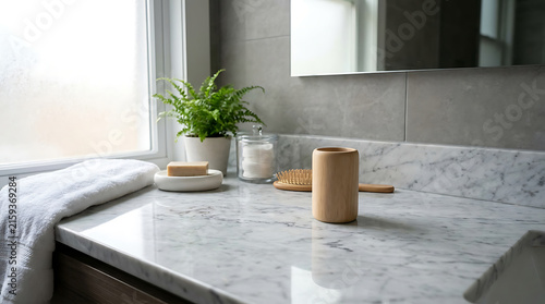 Luxury Modern Bathroom with White Marble Countertop & Natural Decor Elements