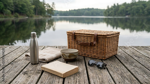 Serene Lakeside Picnic Setup with Wicker Basket, Book & Nature Views