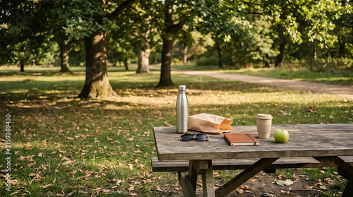 Rustic Wooden Picnic Table in Park with Coffee, Notebook, Apple & Water Bottle