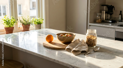 Bright Sunlit Kitchen Counter with Fresh Fruit, Granola & Indoor Plants