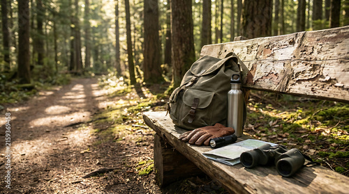 Essential Hiking Gear on a Rustic Wooden Bench in a Sunlit Forest Adventure Scene
