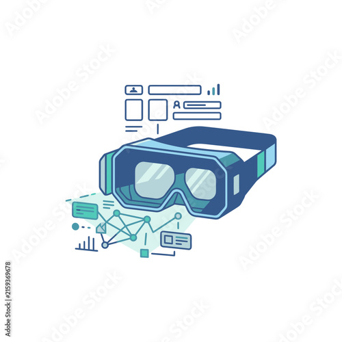Virtual reality headset icon with digital elements.