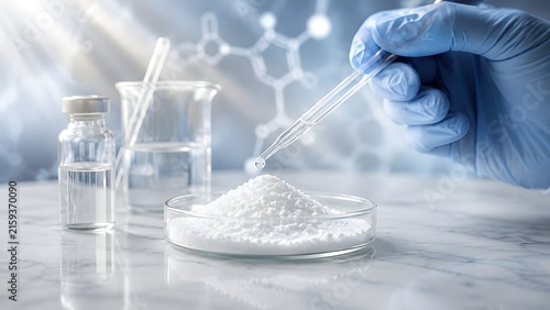 Blue gloved hand dropping liquid onto white powder inside petri dish. Concept of laboratory experimentation, and forensic chemical analysis.