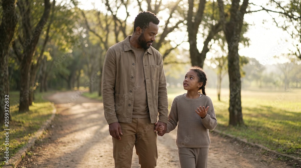 Fototapeta premium Afro-Brazilian father holding hands and walking with his young daughter in a park