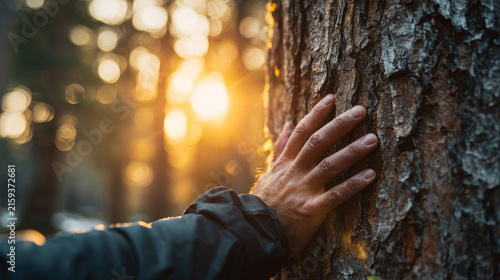 Close up of person hand touching tree trunk with warm sunlight shining through forest, creating peaceful and calm mood