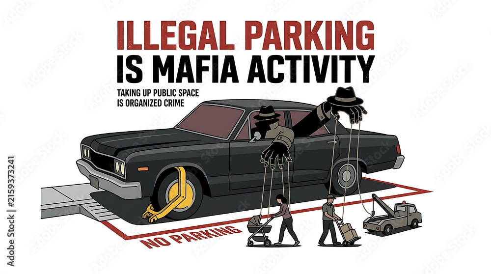 Naklejka premium Illegal Parking Depicted as Mafia Activity with a Locked Car and People.