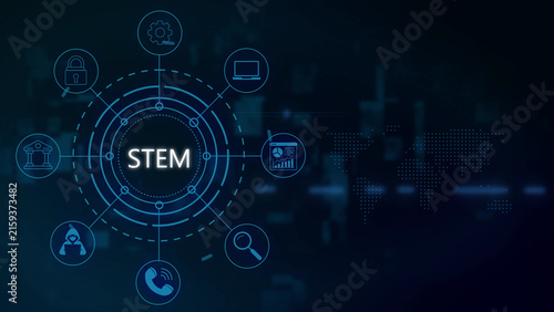 Digital stem concept infographic with glowing blue circular network interface, featuring for technology, education, security, and communication on a dark background, with a dotted map