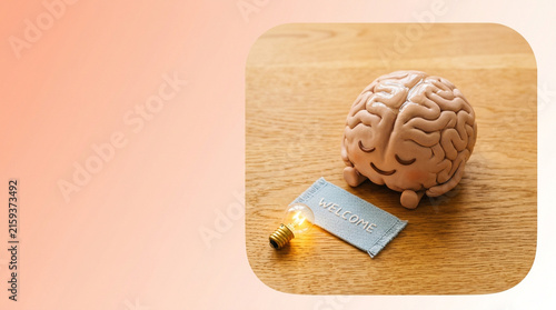 Brain Character Relaxing on Mat with Lightbulb for Creative Greeting