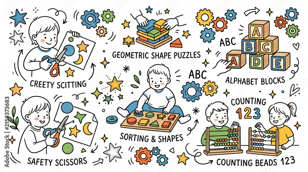 Fototapeta premium Set of Playful Hand Drawn Montessori Education and Early Childhood Development Illustrations, Doodle Drawings of Sorting Board, Puzzles, Counting Beads, Modern Outline Line Art Style
