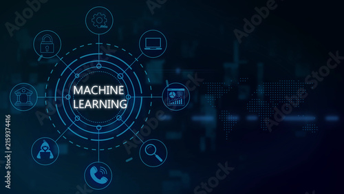 Machine learning digital infographic featuring a central circular interface surrounded by various business and technology on a dark blue background, with a faint, dotted map