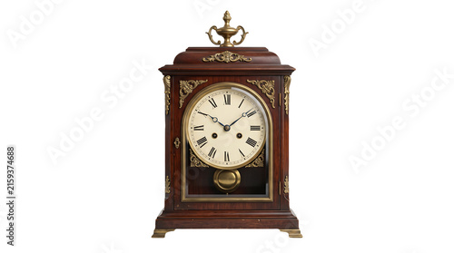 Antique wooden mantel clock with ornate gold details isolated on a white background