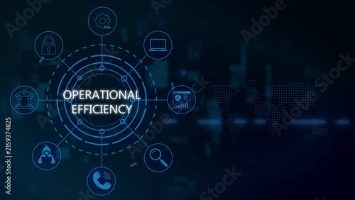 Operational efficiency digital infographic featuring a central circular interface surrounded by various business and technology on a dark blue background, with a faint, dotted map