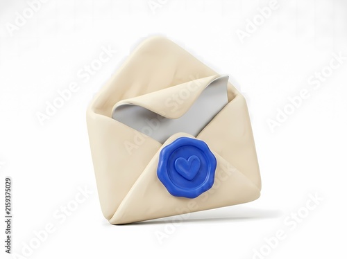3D Render Illustration of an Open Envelope with Blue Heart Wax Seal for Love Letter or Invitation Concept