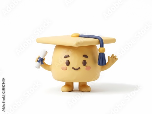 Abstract 3D Cute Graduation Character with Mortarboard and Diploma Education Success White Background