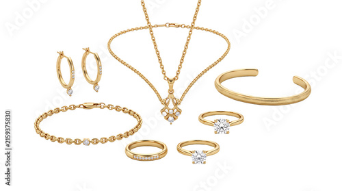 Set of luxury gold jewelry including necklace, rings, earrings and bracelets on white