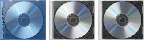 Three compact disc cases displayed side by side feature a vibrant blue case on the left and two standard clear plastic cases with black trays on the right containing reflective shiny discs