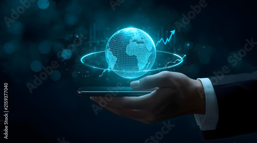 Futuristic Digital Globe Hologram Projection from Smartphone in Business Context