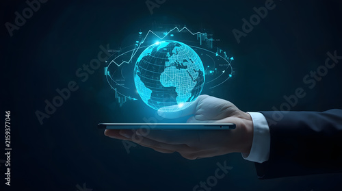 Futuristic hand holding tablet with holographic globe projection of Earth connectivity technology