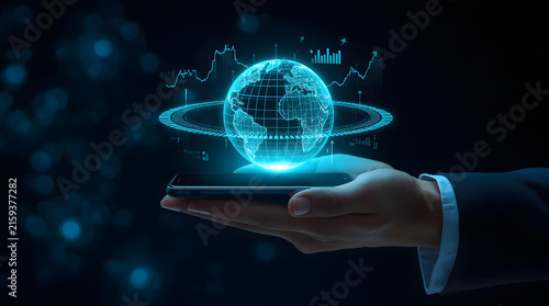 Digital Global Business Concept with Holographic Globe and Financial Data on Smartphone