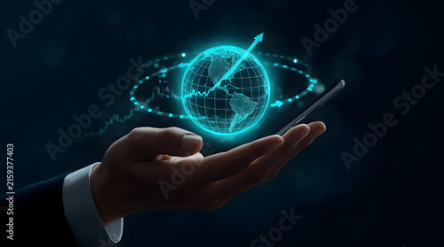 Futuristic Hand Holding Glowing Digital Holographic Globe with Data Stream Particles Visualization