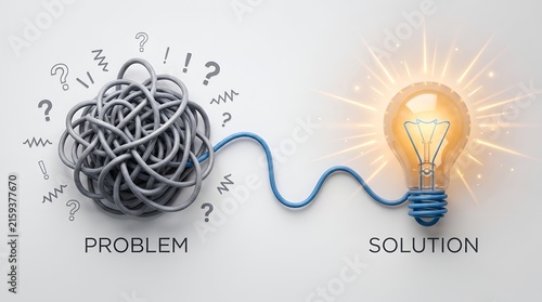 Plakat Creative problem solving methodology transforming tangled wire confusion into brilliant lightbulb solution for corporate innovation strategy