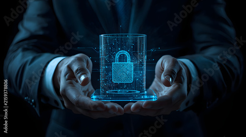 Businessman holding digital cyber security padlock projection representing data protection and information safety